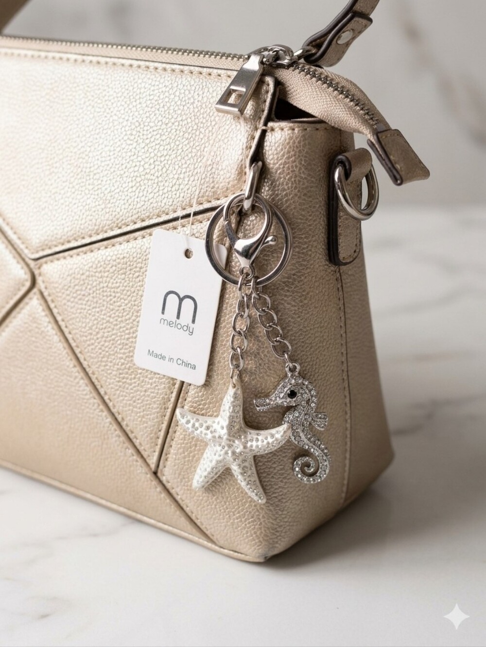 Melody Gold Sequin Seahorse & Silver Starfish Keychain